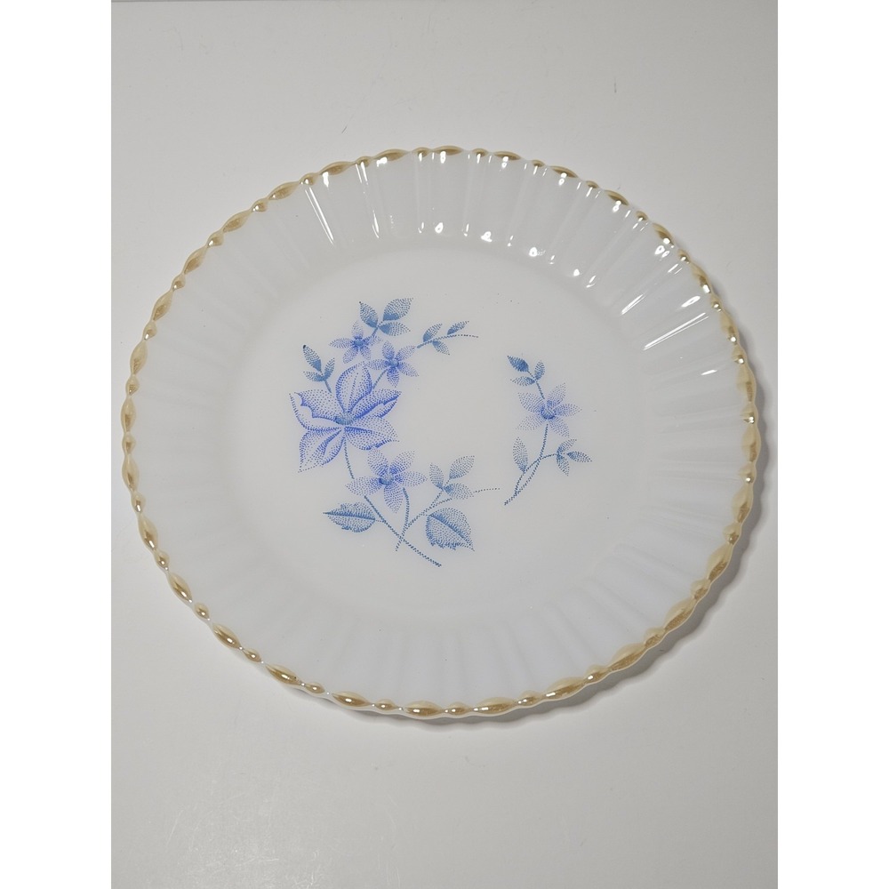 Vintage Termocrisa Milk Glass Dinner Plate Blue Floral Gold Trim Mexico MCM